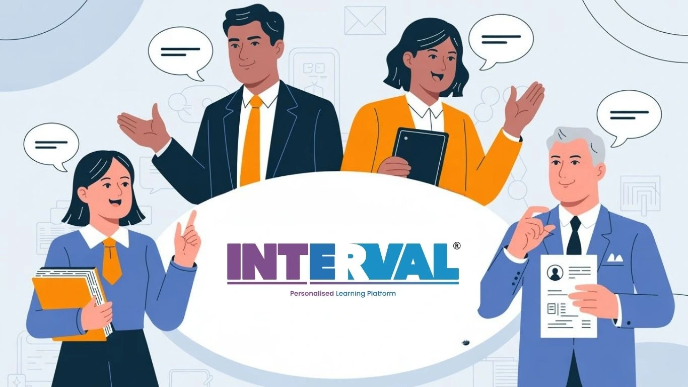 An illustration of four professionals communicating, with the INTERVAL logo, suggesting an online spoken english course for career growth.