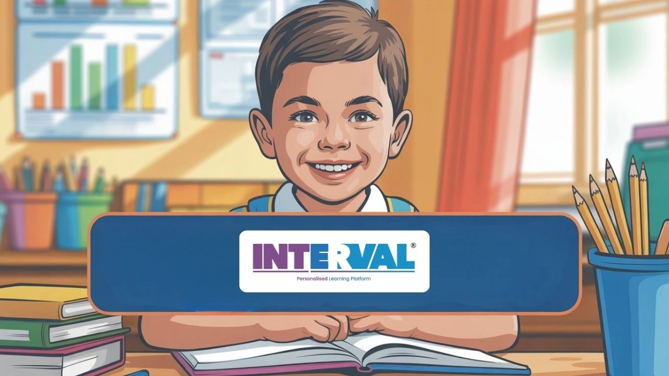 INTERVAL Personalised Learning Platform logo, a smiling school student in a classroom setting with books and charts. Could relate to LSS exam 2026 Kerala preparation.