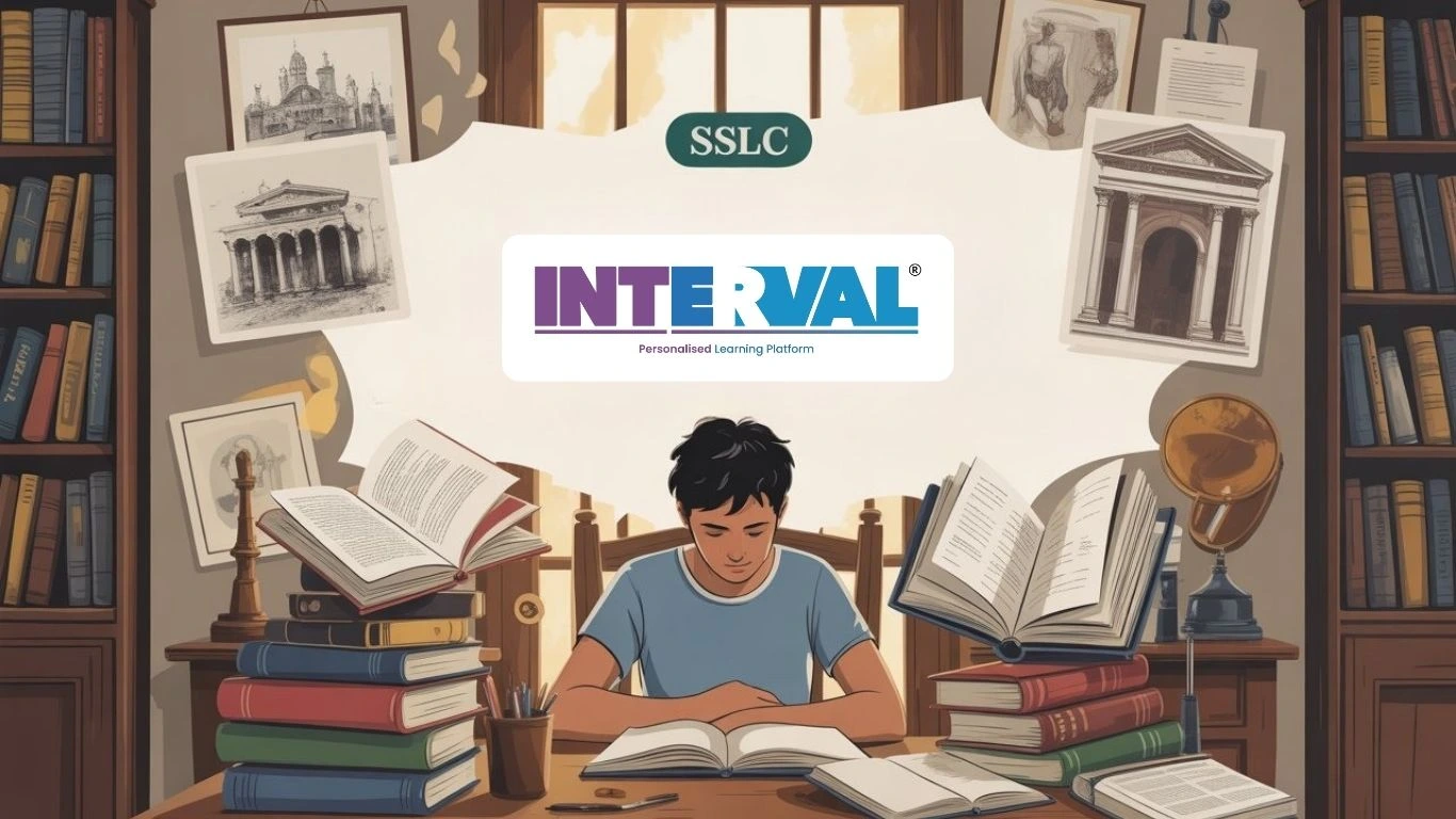 INTERVAL Personalised Learning Platform logo, a student studying at a desk surrounded by books, and the word SSLC. This could be SSLC history chapter 1 notes.