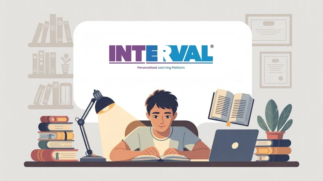 INTERVAL Personalised Learning Platform logo, a student studying at a desk with books and a laptop. Could be used for information on NMMS exam scholarship amount.
