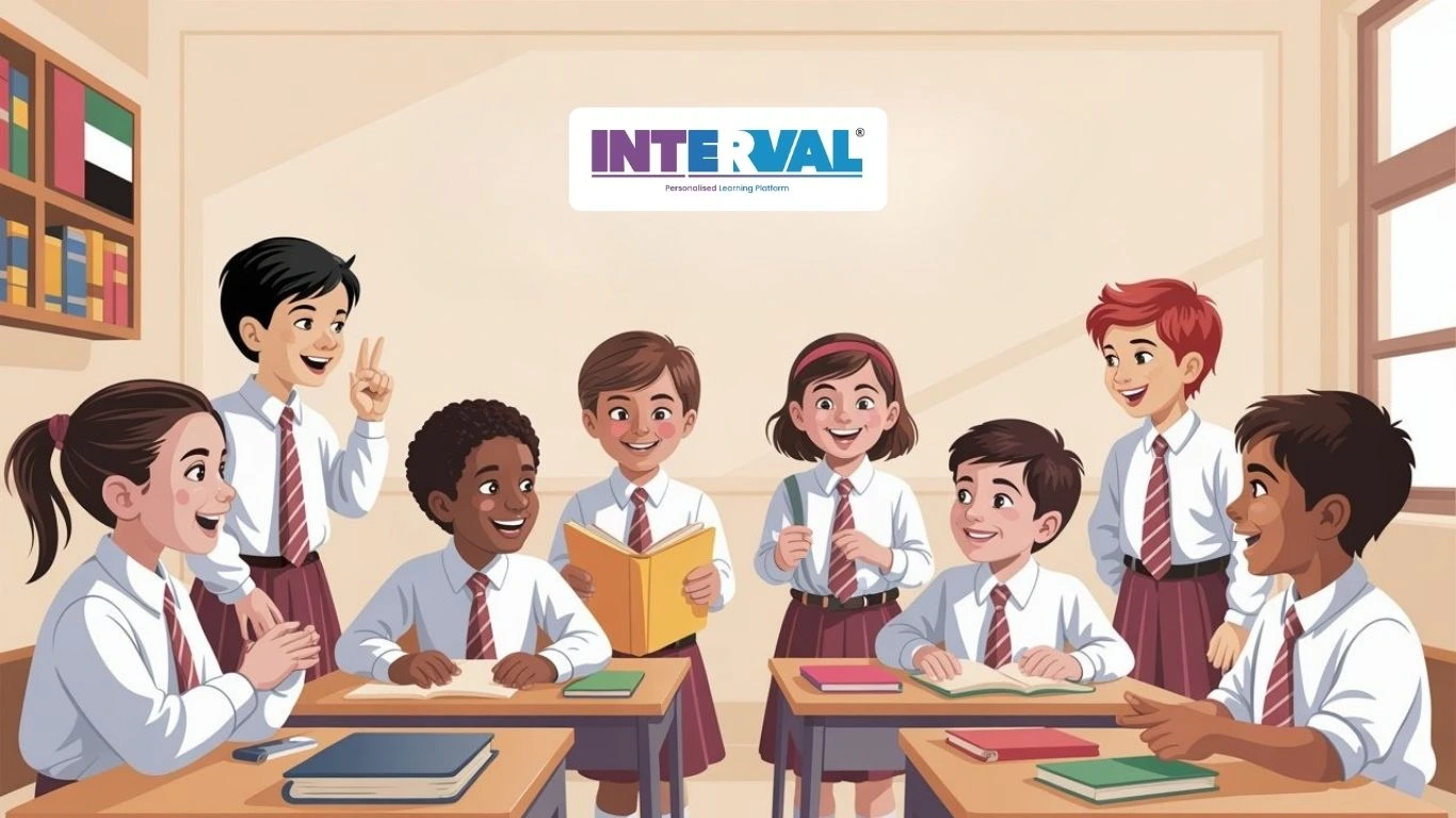 INTERVAL logo, a diverse group of happy students in uniform in a classroom, with the UAE flag visible. Suggests CBSE global curriculum UAE 2026 resources.