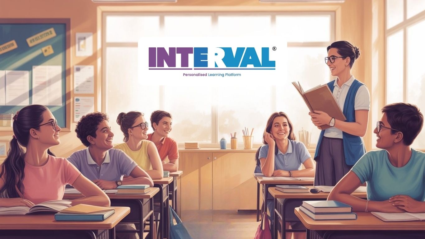  A cheerful classroom with a teacher and students, overlaid with the interval logo. relevant to the class 12 date sheet 2025-26 cbse board.