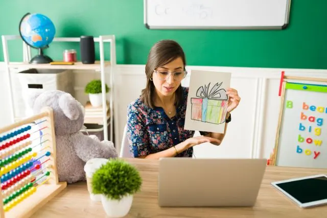color-picture-hispanic-teacher-feeling-proud-showing-online-kids-homework-virtual-lesson
