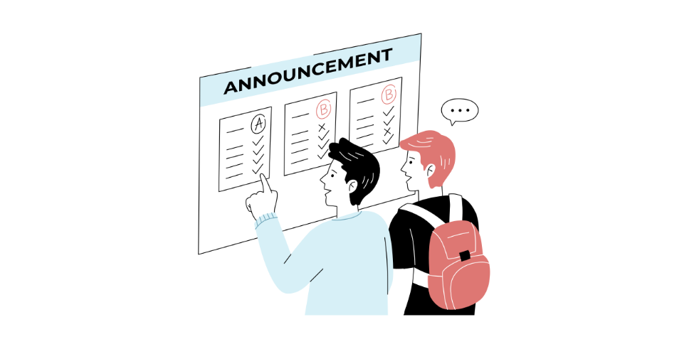 2 students checking exam result announcement board 