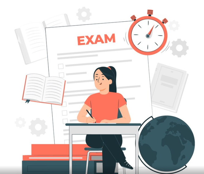 A student sitting at a desk writing an exam, surrounded by books, a clock, and a globe, symbolizing preparation and global education.